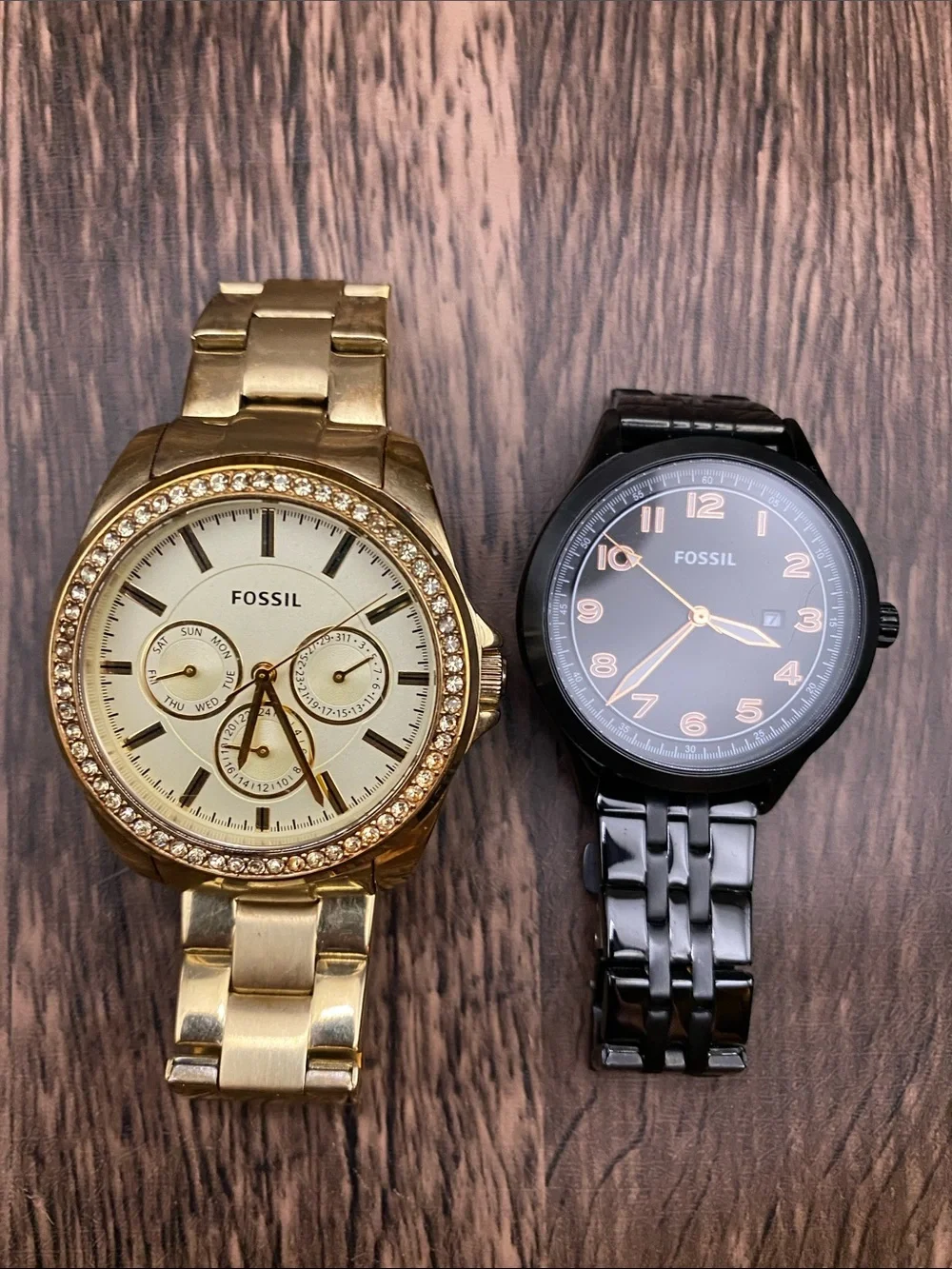 Two Ladies Fossil Gold and Black Stainless Steel Watch Set Working